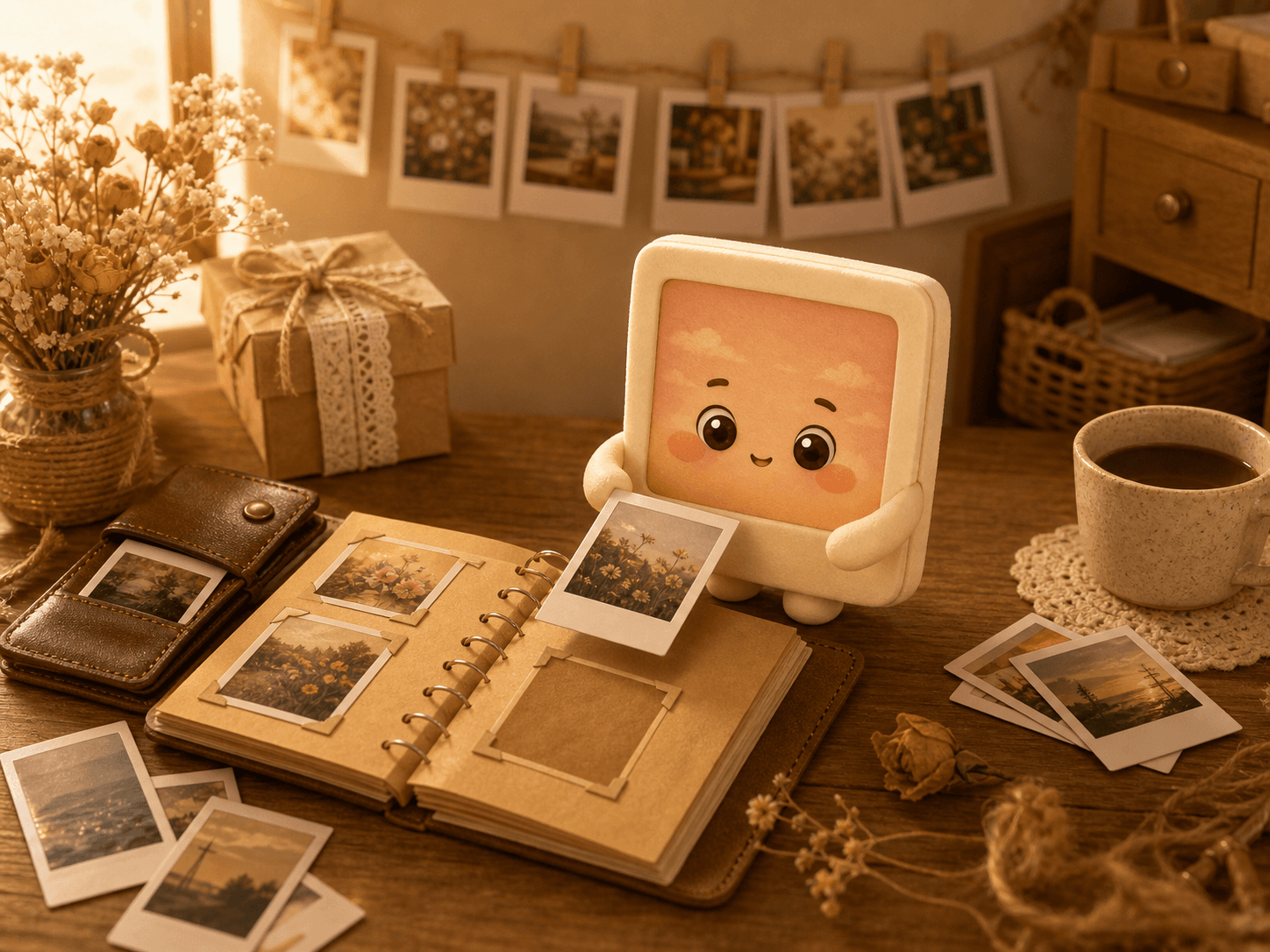 Poly đặt một tấm ảnh in vào album ảnh thủ công